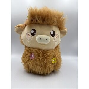 Honeymaru Fluffy Highland Cow Plush With Flowers And Bow 10 Inch Stuffed Animal